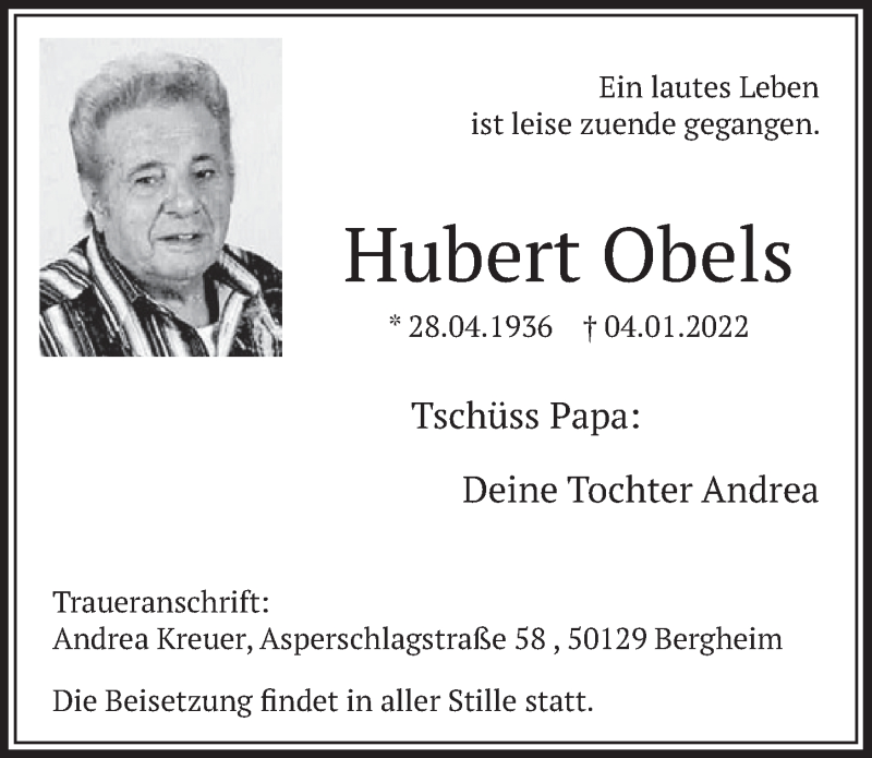  Traueranzeige für Hubert Obels vom 14.01.2022 aus  Werbepost 