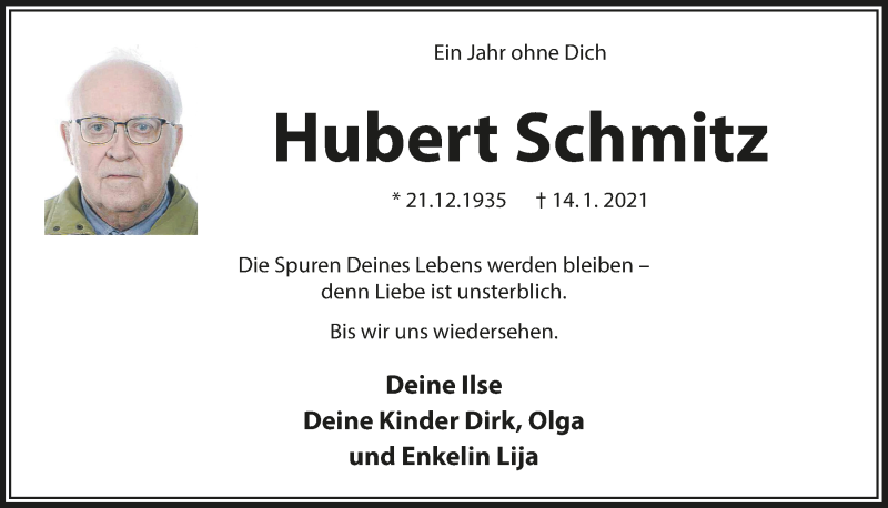  Traueranzeige für Hubert Schmitz vom 07.01.2022 aus  Schlossbote/Werbekurier 