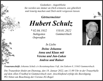 Anzeige von Hubert Schulz von  Anzeigen Echo 