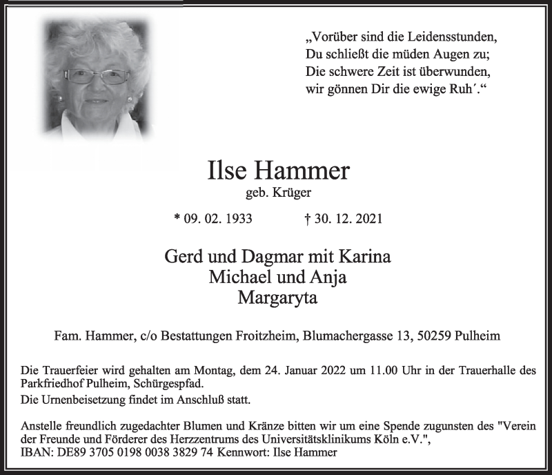  Traueranzeige für Ilse Hammer vom 07.01.2022 aus  Wochenende 