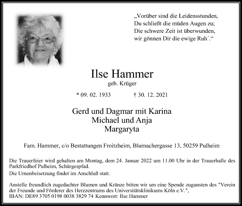  Traueranzeige für Ilse Hammer vom 08.01.2022 aus Kölner Stadt-Anzeiger / Kölnische Rundschau / Express