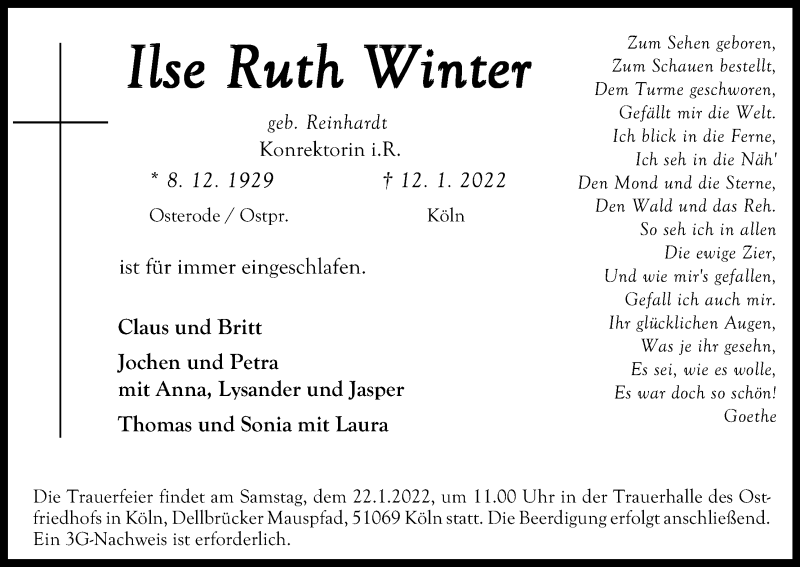  Traueranzeige für Ilse Winter vom 19.01.2022 aus Kölner Stadt-Anzeiger / Kölnische Rundschau / Express