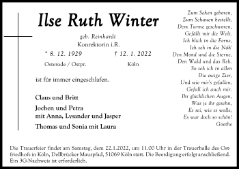 Anzeige von Ilse Winter von Kölner Stadt-Anzeiger / Kölnische Rundschau / Express