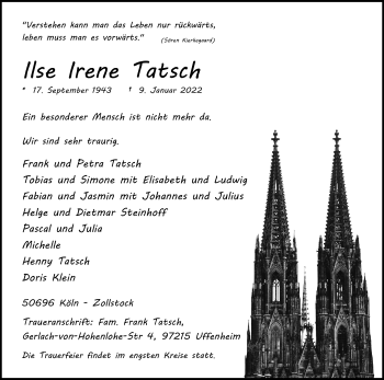 Anzeige von Ilse Irene Tatsch von Kölner Stadt-Anzeiger / Kölnische Rundschau / Express