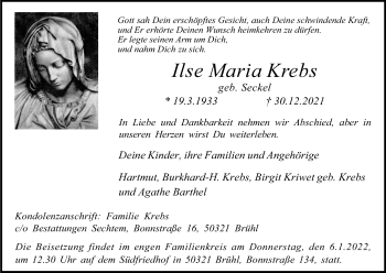 Anzeige von Ilse Maria Krebs von Kölner Stadt-Anzeiger / Kölnische Rundschau / Express