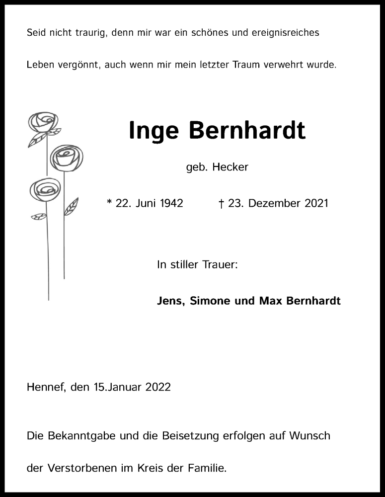  Traueranzeige für Inge Bernhardt vom 15.01.2022 aus Kölner Stadt-Anzeiger / Kölnische Rundschau / Express