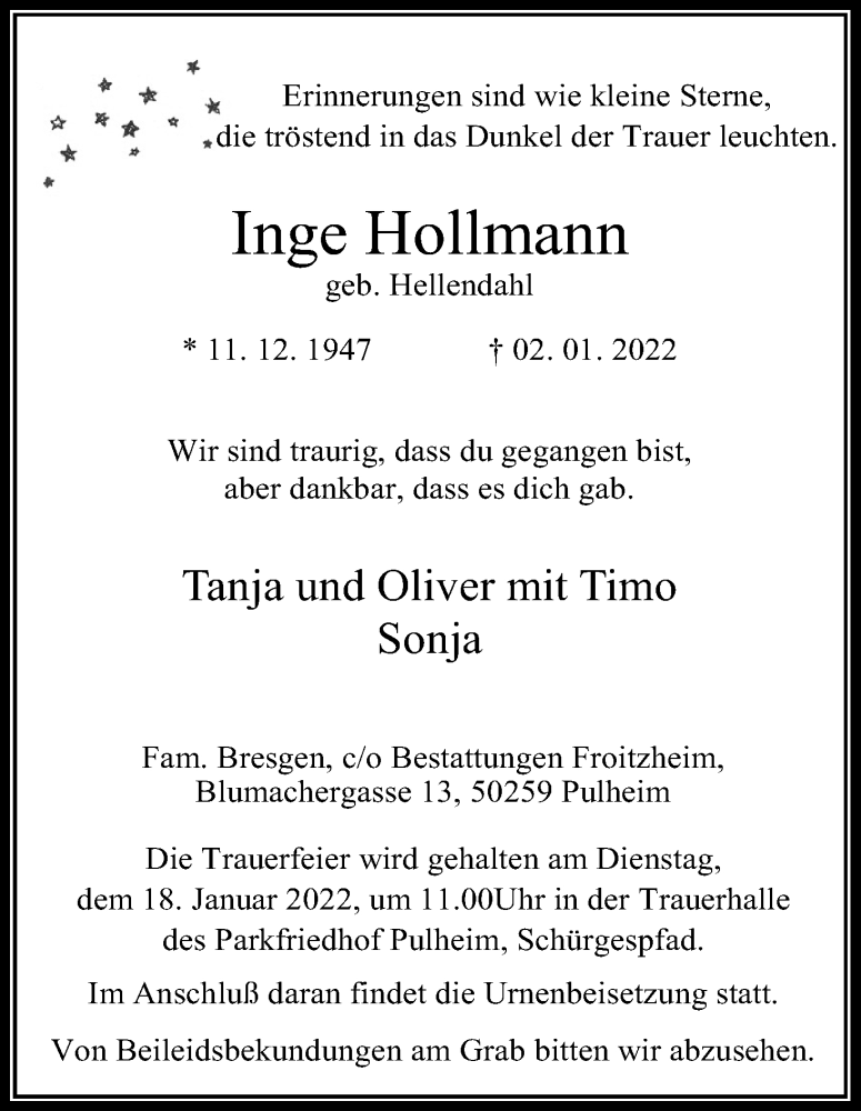  Traueranzeige für Inge Hollmann vom 08.01.2022 aus Kölner Stadt-Anzeiger / Kölnische Rundschau / Express