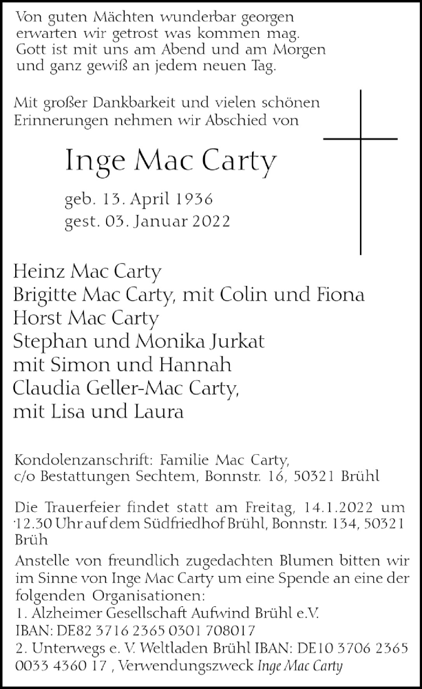  Traueranzeige für Inge Mac Carty vom 07.01.2022 aus  Schlossbote/Werbekurier 