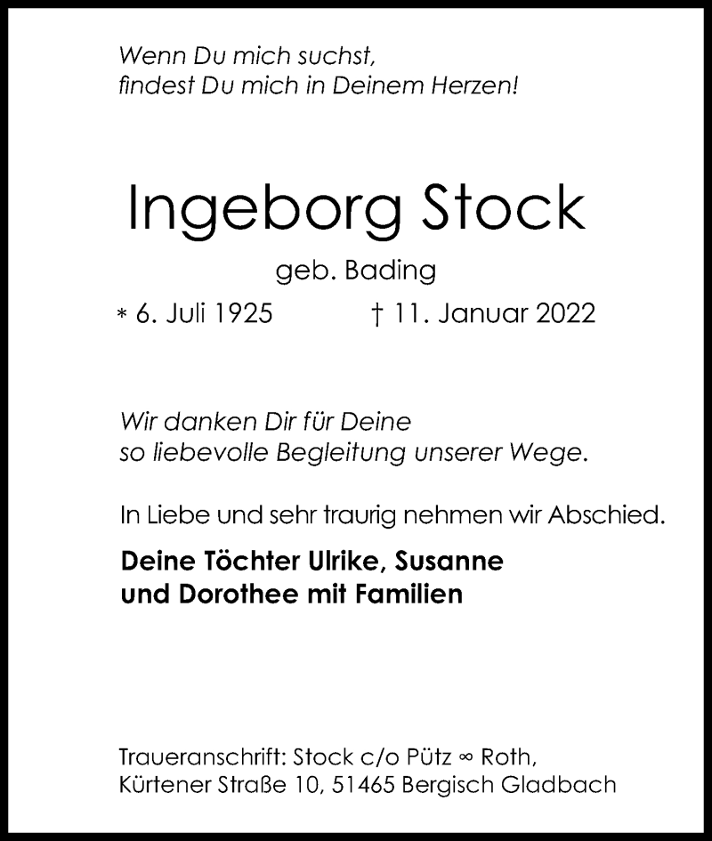  Traueranzeige für Ingeborg Stock vom 22.01.2022 aus Kölner Stadt-Anzeiger / Kölnische Rundschau / Express