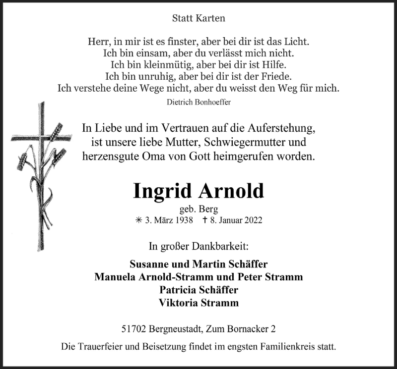  Traueranzeige für Ingrid Arnold vom 14.01.2022 aus  Anzeigen Echo 