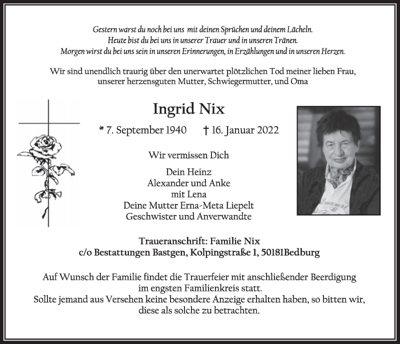  Traueranzeige für Ingrid Nix vom 21.01.2022 aus  Werbepost 