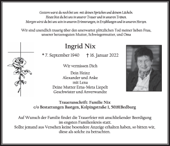 Anzeige von Ingrid Nix von  Werbepost 