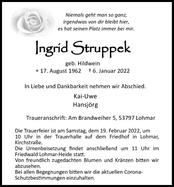 Anzeige von Ingrid Struppek von Kölner Stadt-Anzeiger / Kölnische Rundschau / Express