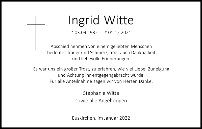  Traueranzeige für Ingrid Witte vom 11.01.2022 aus Kölner Stadt-Anzeiger / Kölnische Rundschau / Express