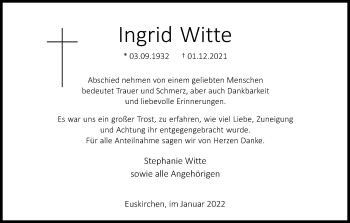 Anzeige von Ingrid Witte von Kölner Stadt-Anzeiger / Kölnische Rundschau / Express