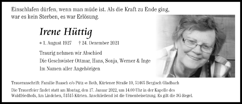  Traueranzeige für Irene Hüttig vom 07.01.2022 aus  Bergisches Handelsblatt 