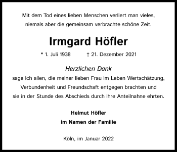 Anzeige von Irmgard Höfler von Kölner Stadt-Anzeiger / Kölnische Rundschau / Express