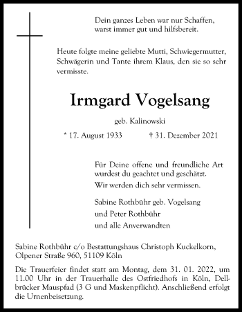 Anzeige von Irmgard Vogelsang von Kölner Stadt-Anzeiger / Kölnische Rundschau / Express