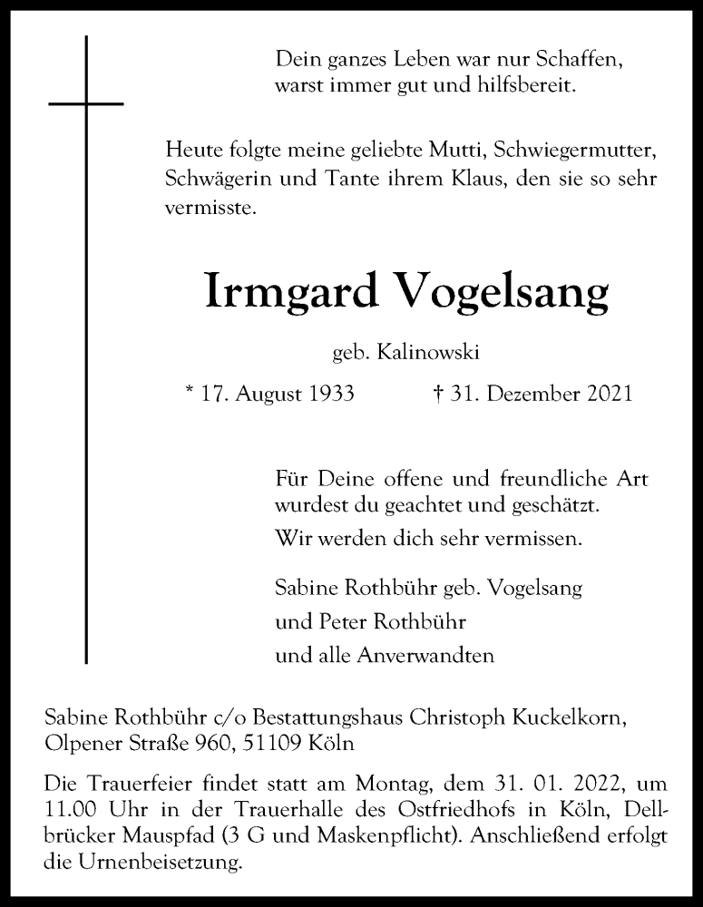  Traueranzeige für Irmgard Vogelsang vom 22.01.2022 aus Kölner Stadt-Anzeiger / Kölnische Rundschau / Express