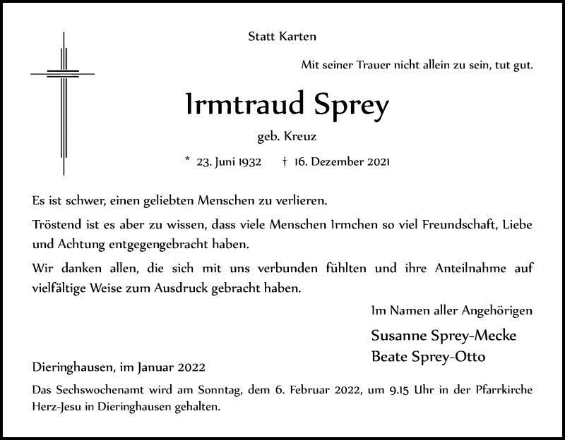  Traueranzeige für Irmtraud Sprey vom 22.01.2022 aus Kölner Stadt-Anzeiger / Kölnische Rundschau / Express