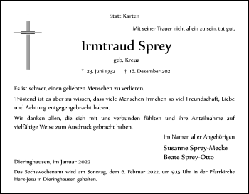 Anzeige von Irmtraud Sprey von Kölner Stadt-Anzeiger / Kölnische Rundschau / Express