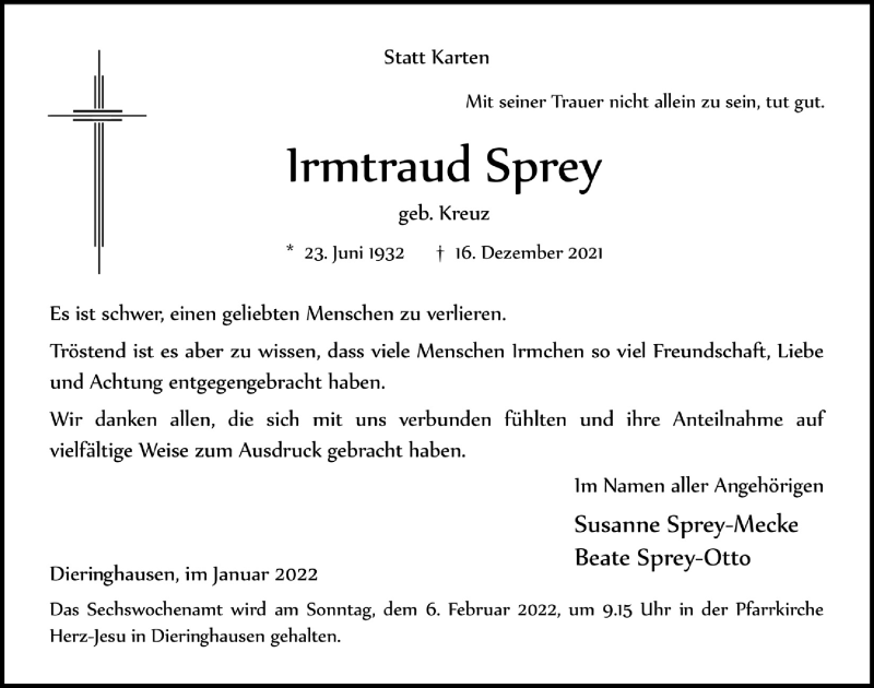  Traueranzeige für Irmtraud Sprey vom 21.01.2022 aus  Anzeigen Echo 