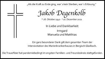Anzeige von Jakob Degenkolb von Kölner Stadt-Anzeiger / Kölnische Rundschau / Express