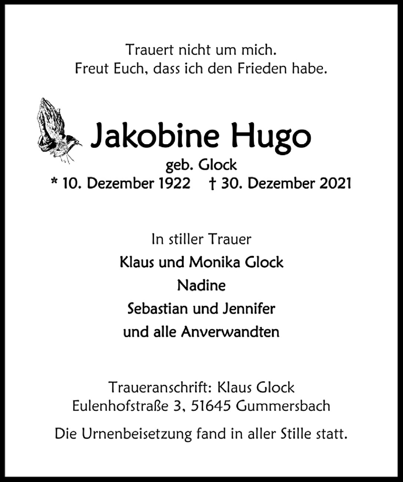  Traueranzeige für Jakobine Hugo vom 14.01.2022 aus  Anzeigen Echo 