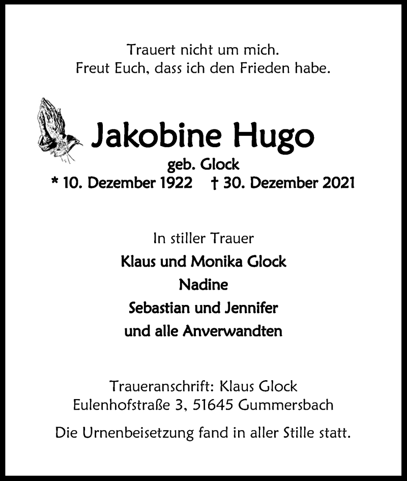  Traueranzeige für Jakobine Hugo vom 15.01.2022 aus Kölner Stadt-Anzeiger / Kölnische Rundschau / Express