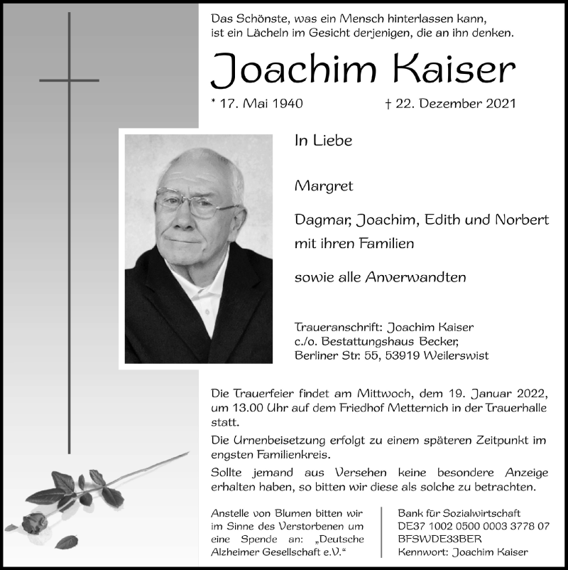  Traueranzeige für Joachim Kaiser vom 08.01.2022 aus  Blickpunkt Euskirchen 