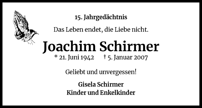  Traueranzeige für Joachim Schirmer vom 05.01.2022 aus Kölner Stadt-Anzeiger / Kölnische Rundschau / Express
