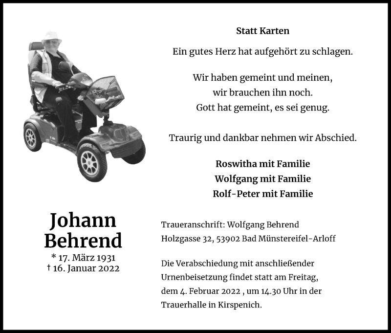  Traueranzeige für Johann Behrend vom 29.01.2022 aus Kölner Stadt-Anzeiger / Kölnische Rundschau / Express