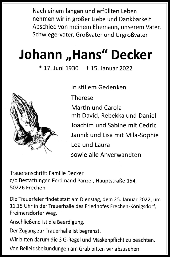  Traueranzeige für Johann  Decker vom 22.01.2022 aus Kölner Stadt-Anzeiger / Kölnische Rundschau / Express