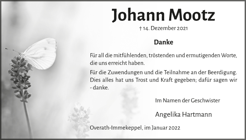  Traueranzeige für Johann Mootz vom 21.01.2022 aus  Bergisches Handelsblatt 