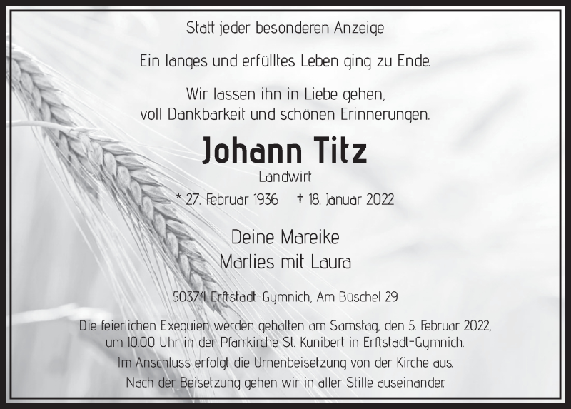  Traueranzeige für Johann Titz vom 28.01.2022 aus  Werbepost 