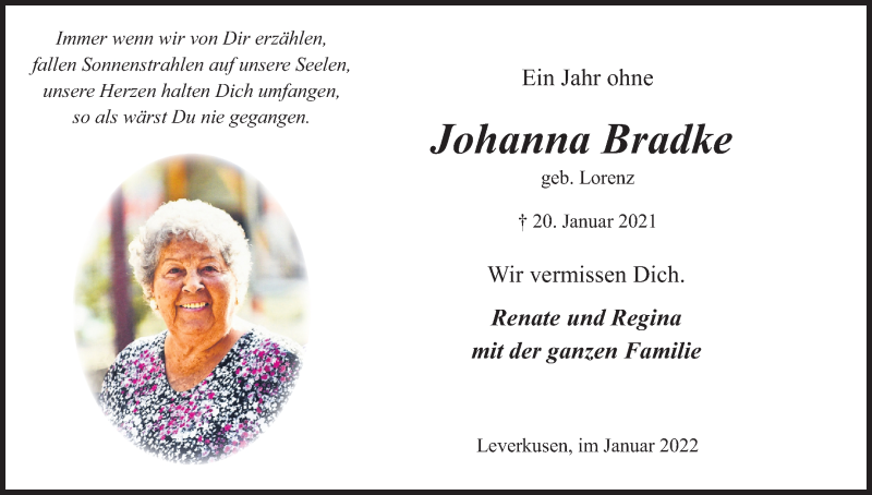  Traueranzeige für Johanna Bradke vom 22.01.2022 aus Kölner Stadt-Anzeiger / Kölnische Rundschau / Express