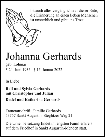 Anzeige von Johanna Gerhards von  Extra Blatt 