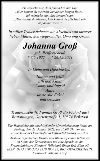 Anzeige von Johanna Groß von Kölner Stadt-Anzeiger / Kölnische Rundschau / Express