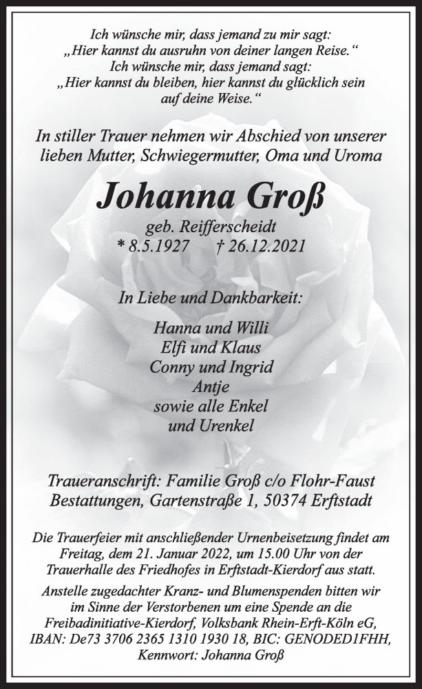  Traueranzeige für Johanna Groß vom 07.01.2022 aus  Werbepost 