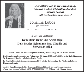 Anzeige von Johanna Lubos von  Wochenende 