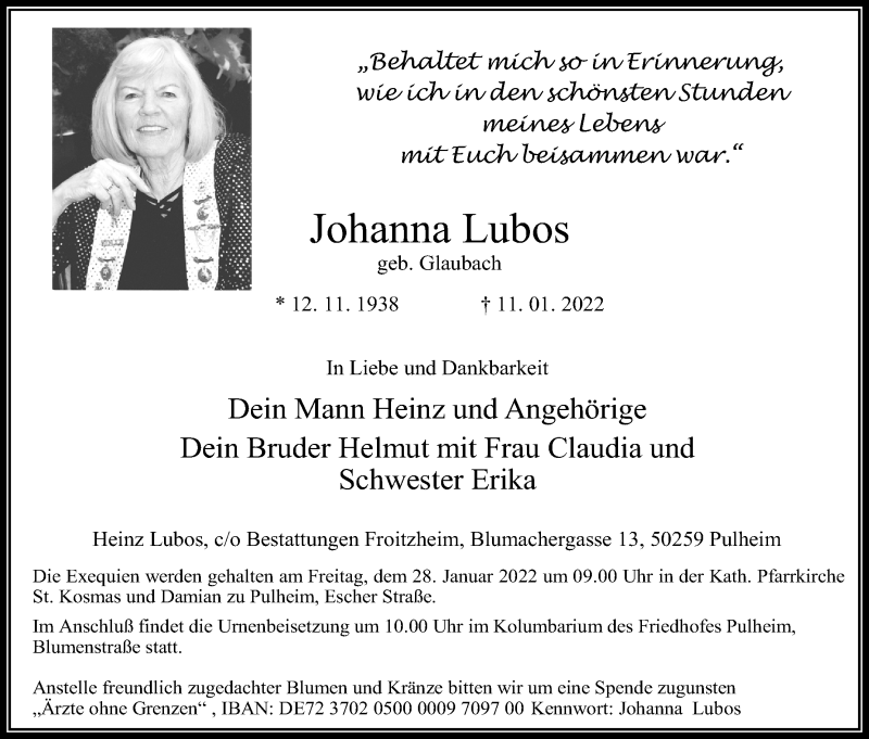  Traueranzeige für Johanna Lubos vom 22.01.2022 aus Kölner Stadt-Anzeiger / Kölnische Rundschau / Express