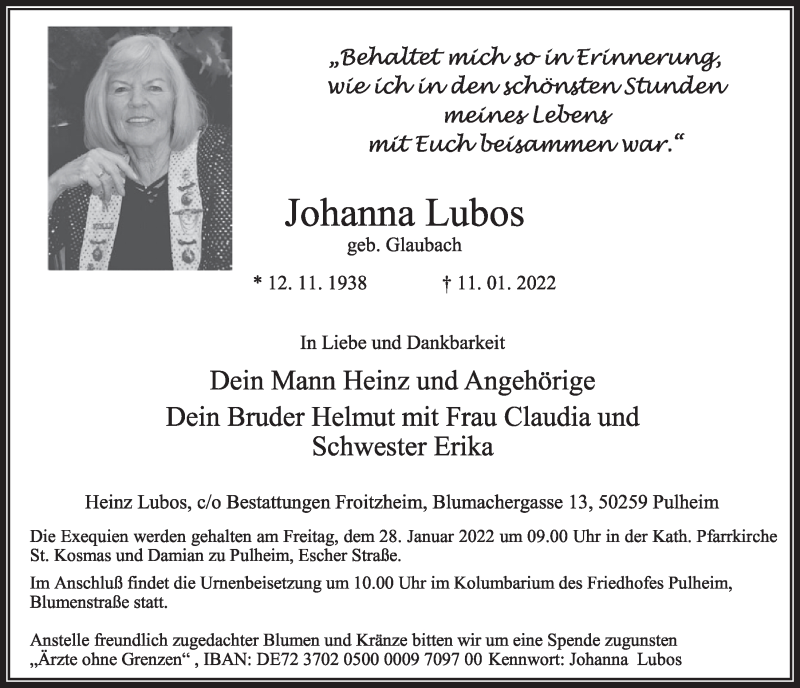  Traueranzeige für Johanna Lubos vom 21.01.2022 aus  Wochenende 