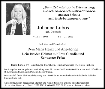 Anzeige von Johanna Lubos von Kölner Stadt-Anzeiger / Kölnische Rundschau / Express