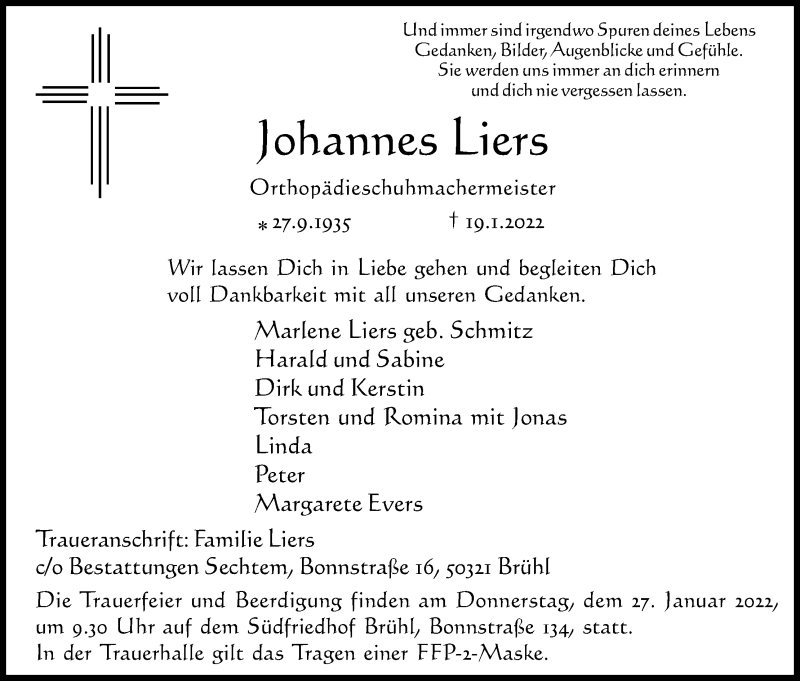  Traueranzeige für Johannes Liers vom 22.01.2022 aus Kölner Stadt-Anzeiger / Kölnische Rundschau / Express
