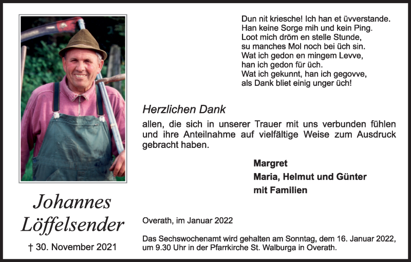  Traueranzeige für Johannes Löffelsender vom 15.01.2022 aus Kölner Stadt-Anzeiger / Kölnische Rundschau / Express