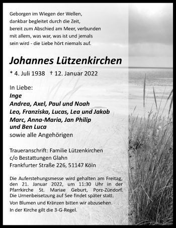 Anzeige von Johannes Lützenkirchen von Kölner Stadt-Anzeiger / Kölnische Rundschau / Express