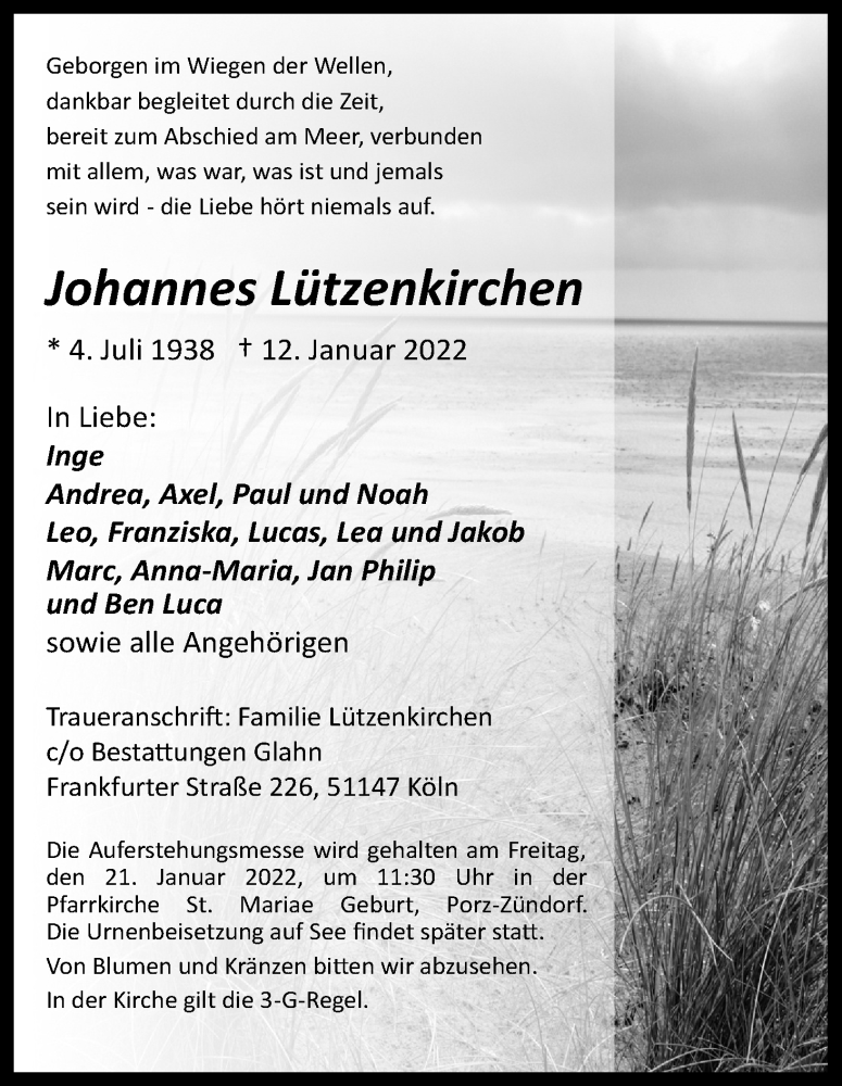  Traueranzeige für Johannes Lützenkirchen vom 15.01.2022 aus Kölner Stadt-Anzeiger / Kölnische Rundschau / Express