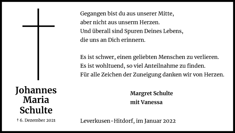  Traueranzeige für Johannes Maria Schulte vom 15.01.2022 aus Kölner Stadt-Anzeiger / Kölnische Rundschau / Express