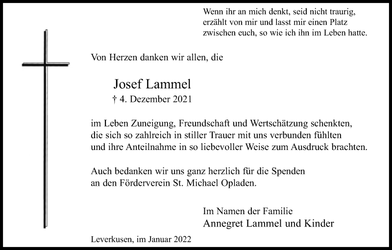  Traueranzeige für Josef Lammel vom 15.01.2022 aus Kölner Stadt-Anzeiger / Kölnische Rundschau / Express