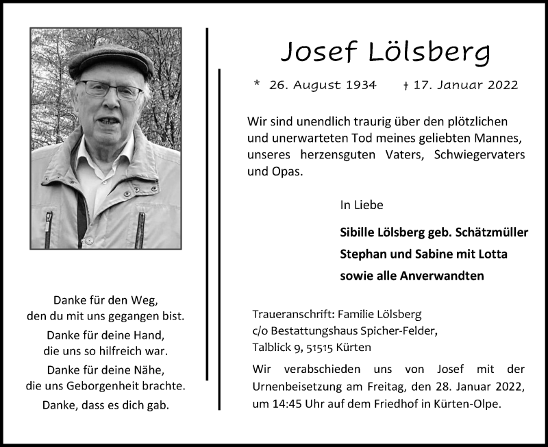  Traueranzeige für Josef Lölsberg vom 22.01.2022 aus Kölner Stadt-Anzeiger / Kölnische Rundschau / Express